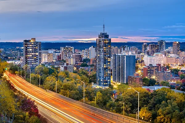 Downtown Hamilton, Ontario skyline at dusk, the heart of CSIK commercial cleaning service areas